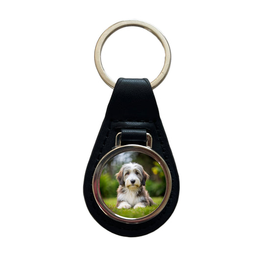 Bearded Collie Dog Puppy Photo Black Leather Metal Keychain