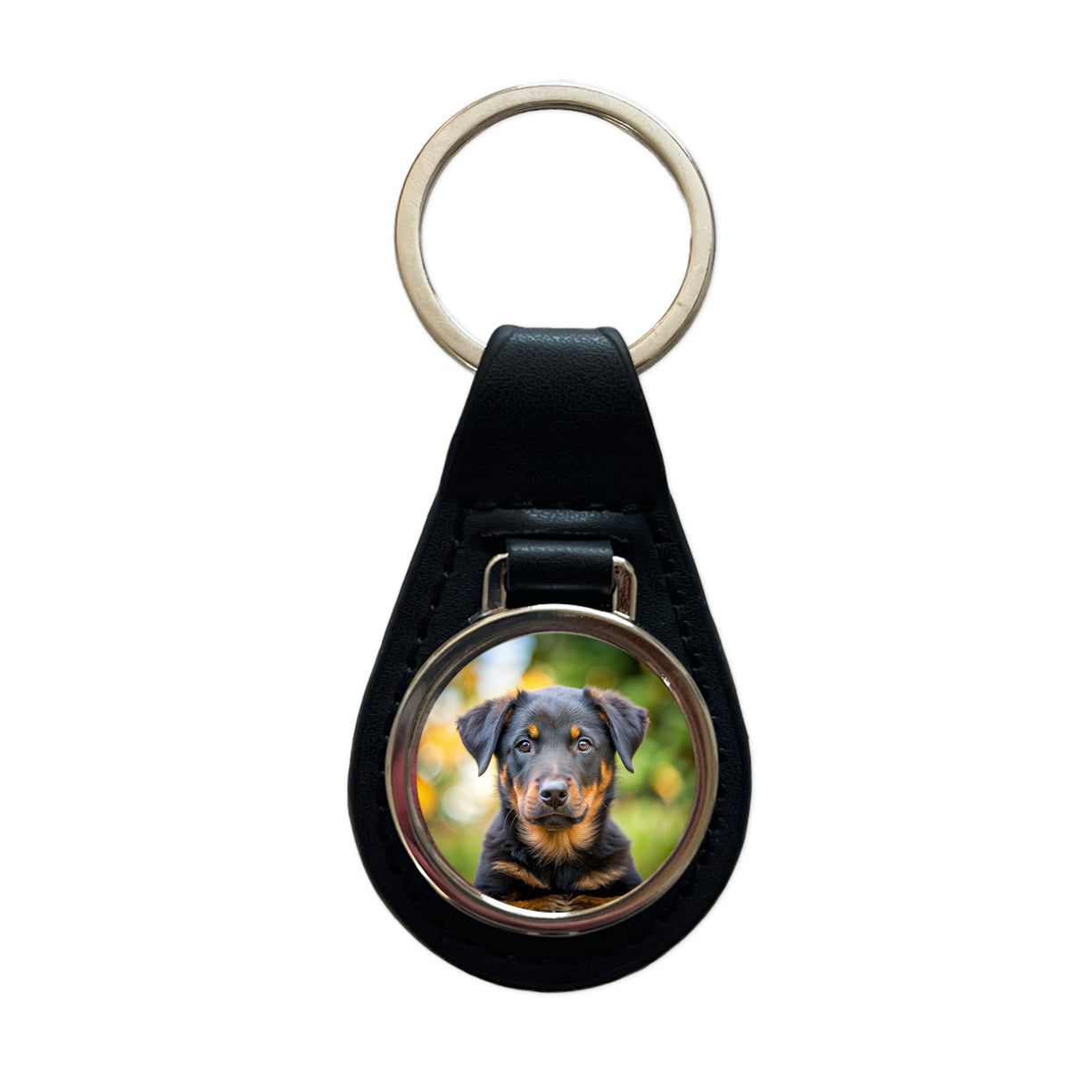 Beauceron Dog Puppy Photo Black Leather Metal Keychain