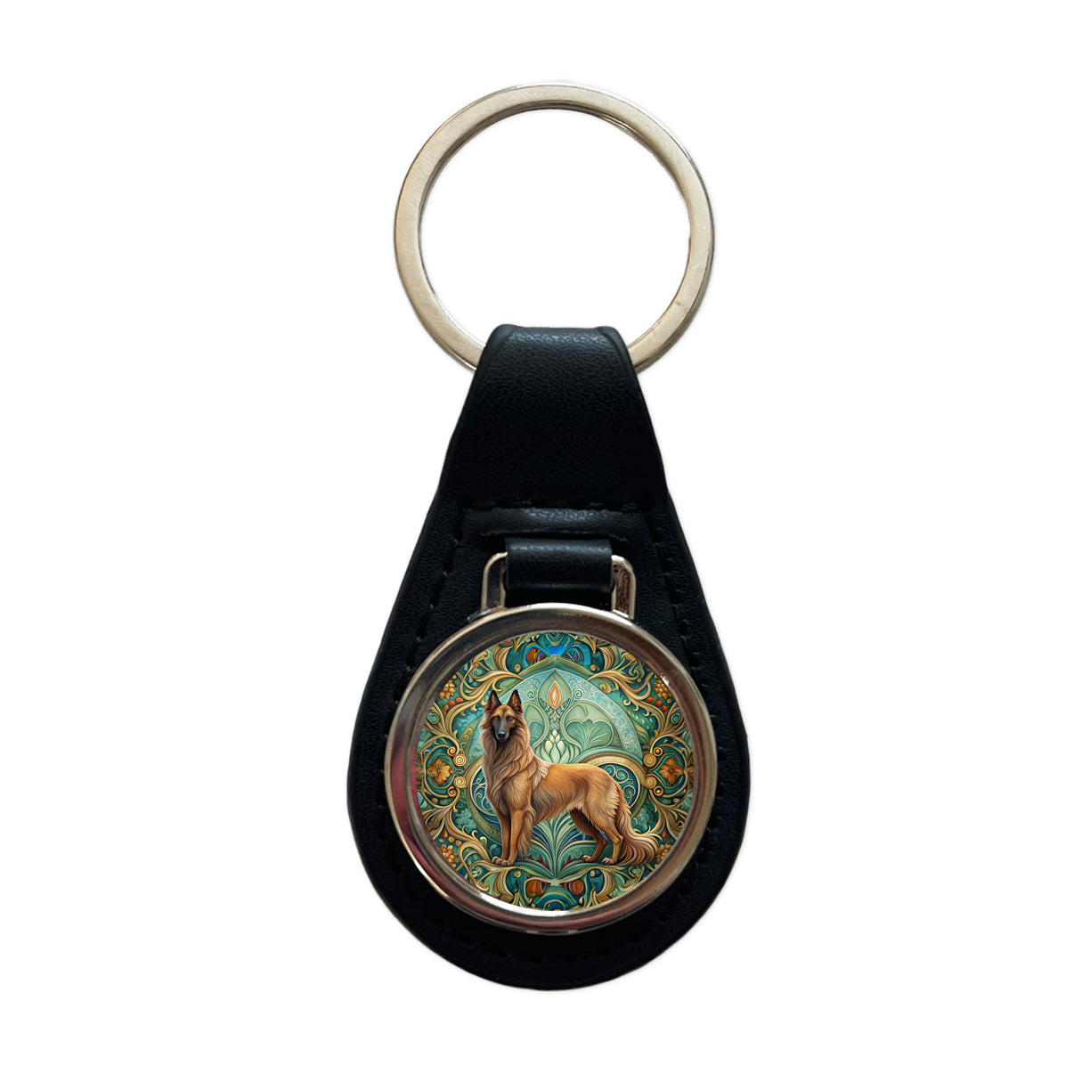 Belgian Tervuren Dog Art Nouveau Black Leather Metal Keychain