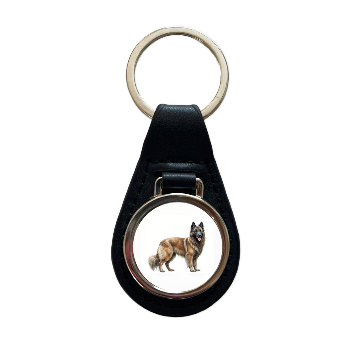 Belgian Tervuren Dog Illustration Black Leather Metal Keychain
