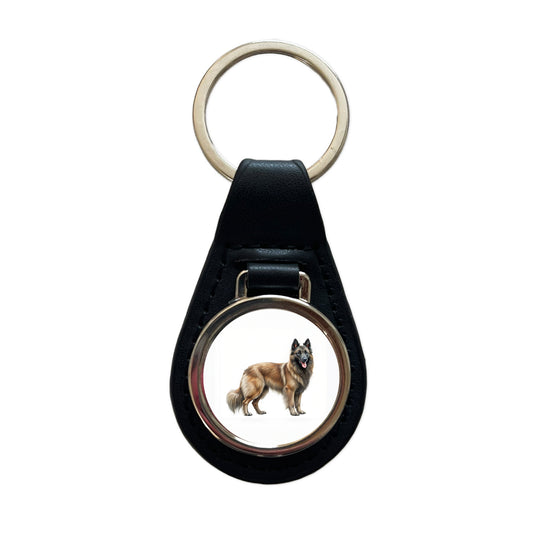Belgian Tervuren Dog Illustration Black Leather Metal Keychain