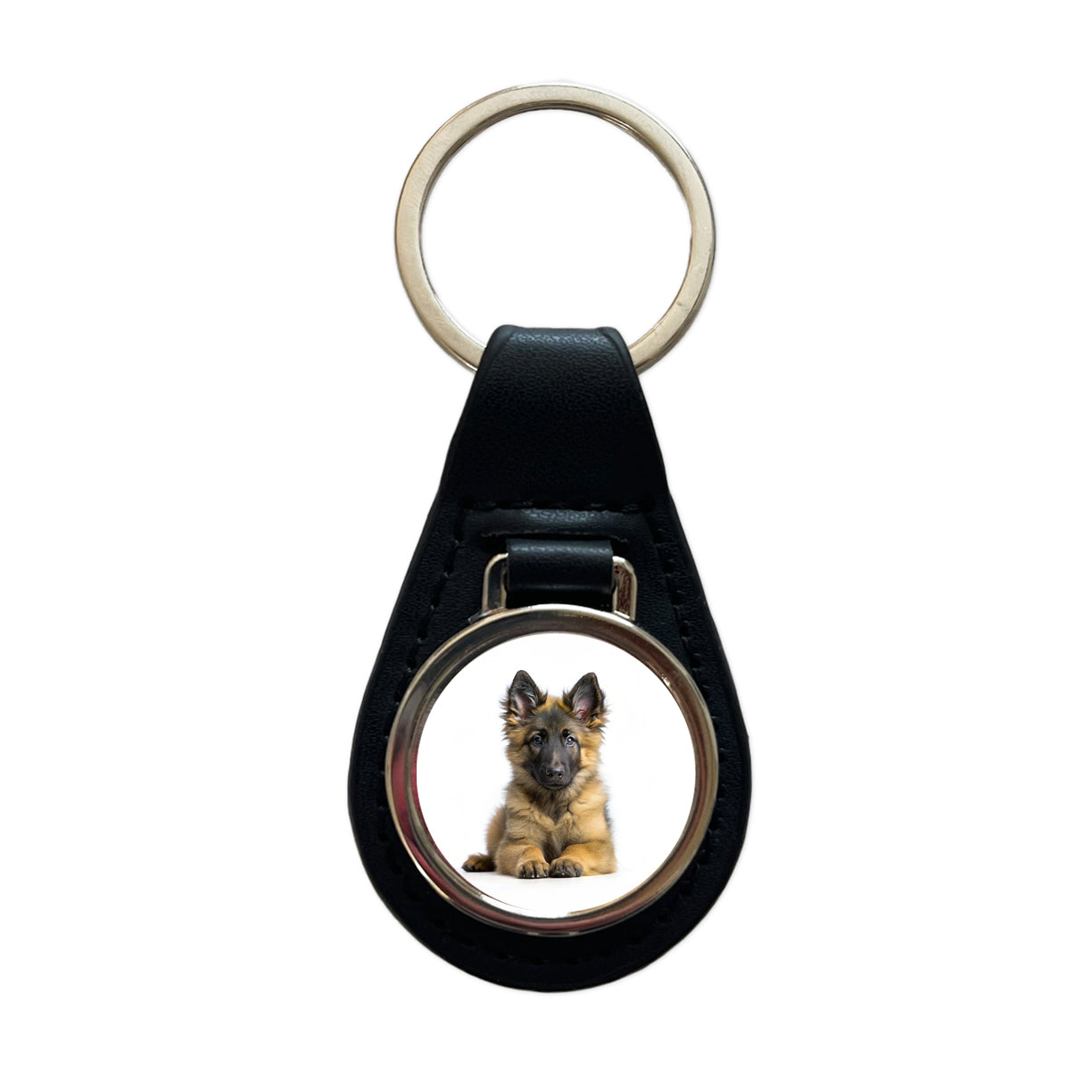 Belgian Tervuren Dog Puppy Photo Black Leather Metal Keychain