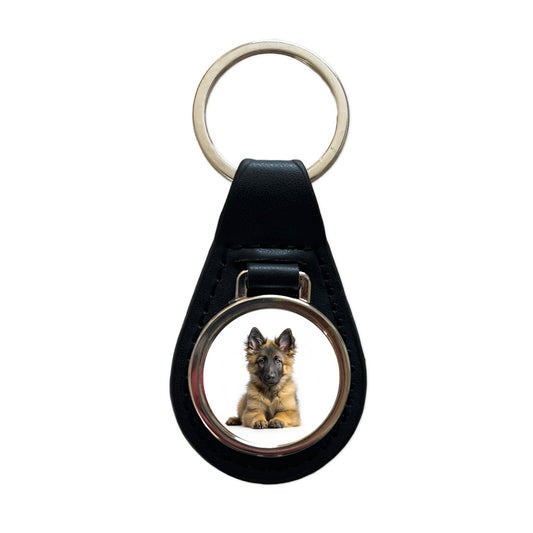 Belgian Tervuren Dog Puppy Photo Black Leather Metal Keychain