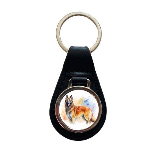 Belgian Tervuren Dog Watercolor Style Black Leather Metal Keychain