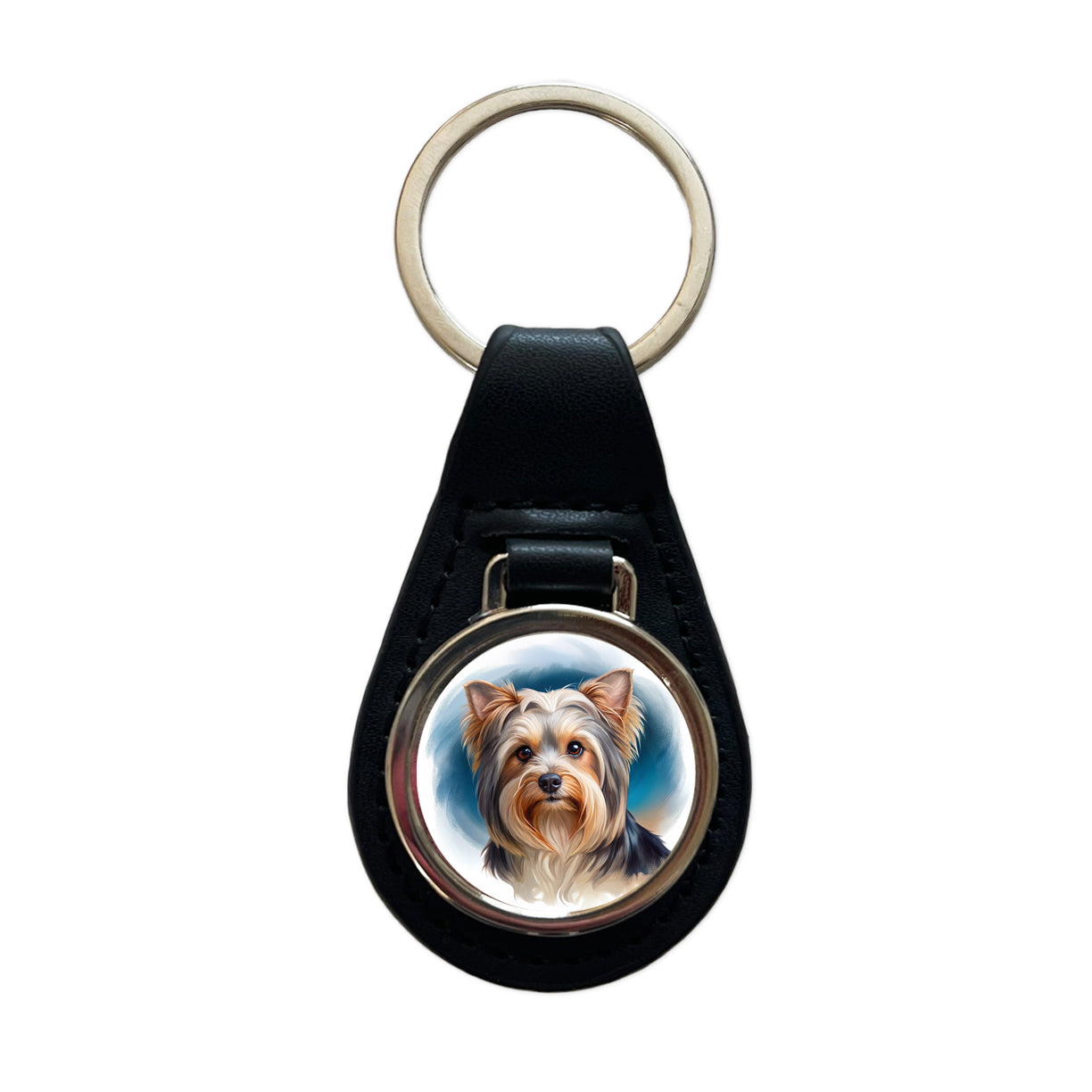 Biewer Terrier Dog Illustration Black Leather Metal Keychain