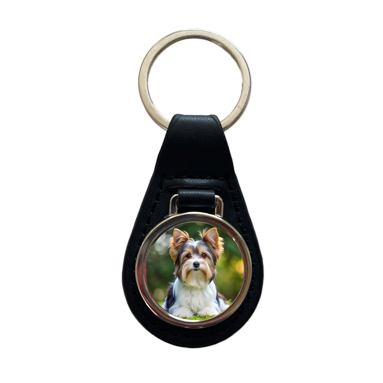 Biewer Terrier Dog Photo Black Leather Metal Keychain