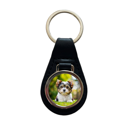 Biewer Terrier Dog Puppy Photo Black Leather Metal Keychain