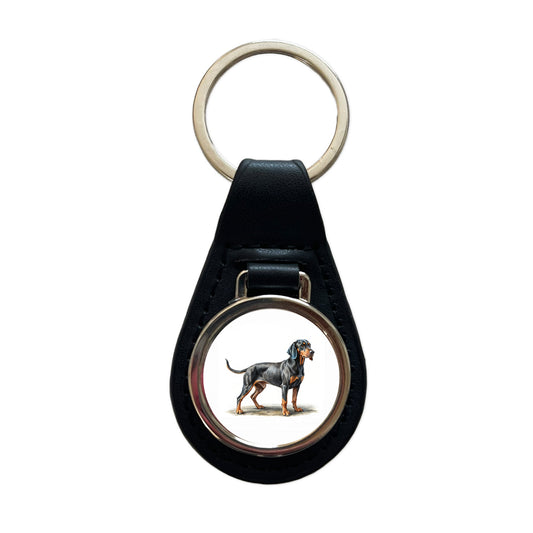 Black And Tan Coonhound Dog Illustration Black Leather Metal Keychain