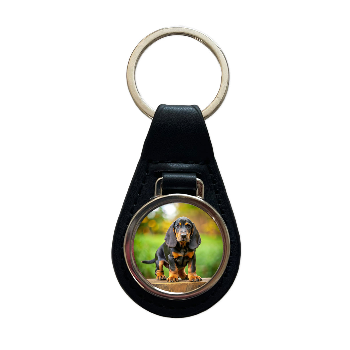 Black And Tan Coonhound Dog Puppy Photo Black Leather Metal Keychain
