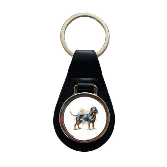Black And Tan Coonhound Dog Watercolor Style Black Leather Metal Keychain