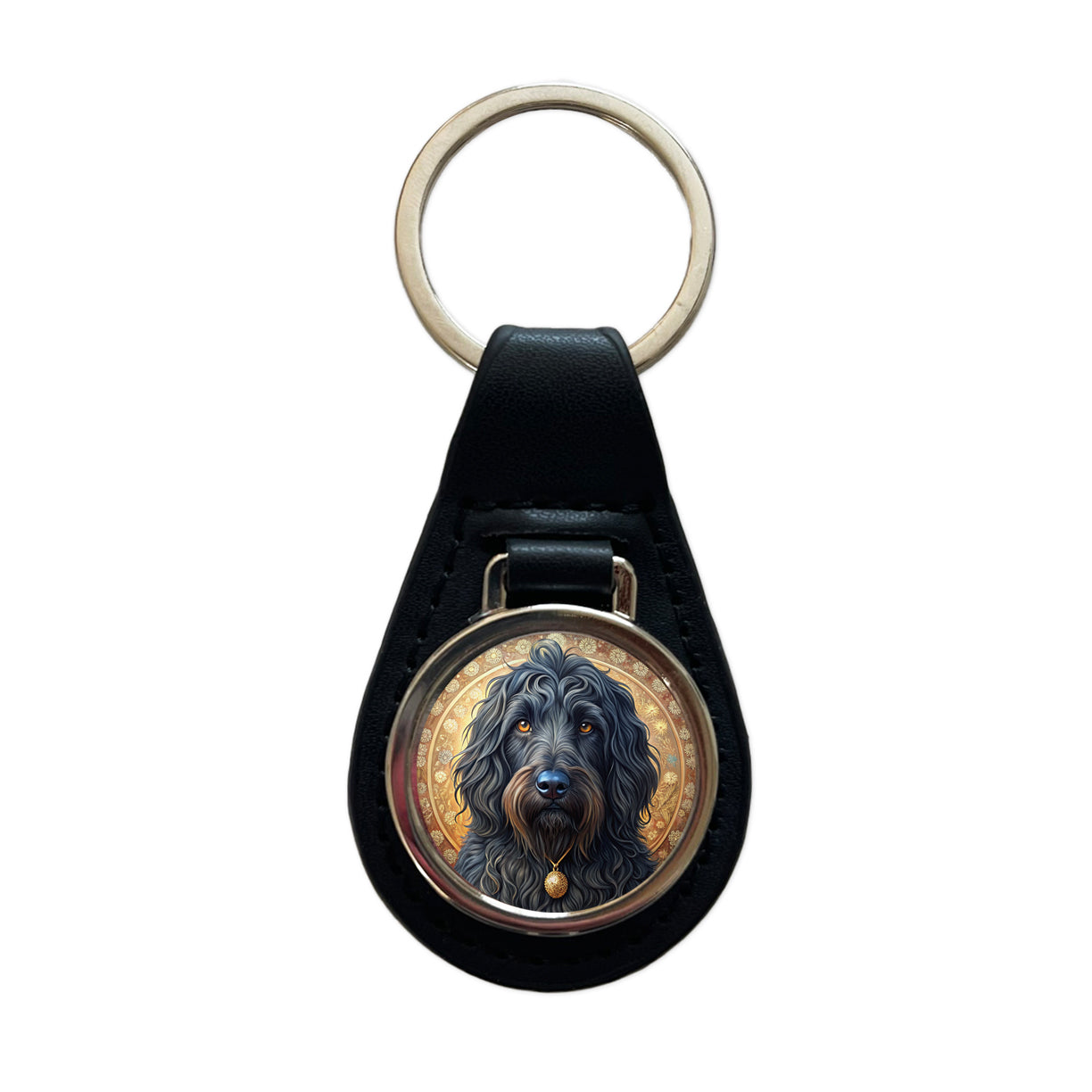 Black Russian Terrier Dog Art Nouveau Black Leather Metal Keychain