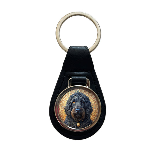 Black Russian Terrier Dog Art Nouveau Black Leather Metal Keychain