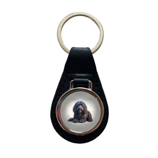 Black Russian Terrier Dog Illustration Black Leather Metal Keychain