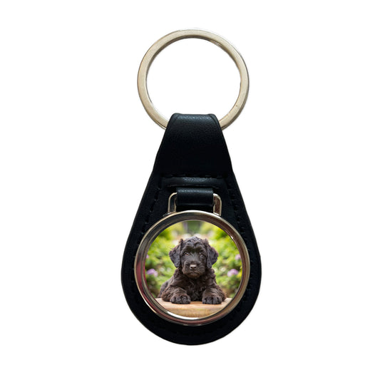 Black Russian Terrier Dog Puppy Photo Black Leather Metal Keychain