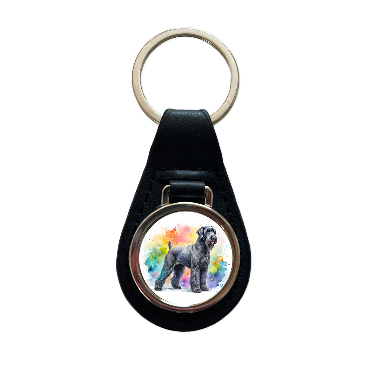 Black Russian Terrier Dog Watercolor Style Black Leather Metal Keychain