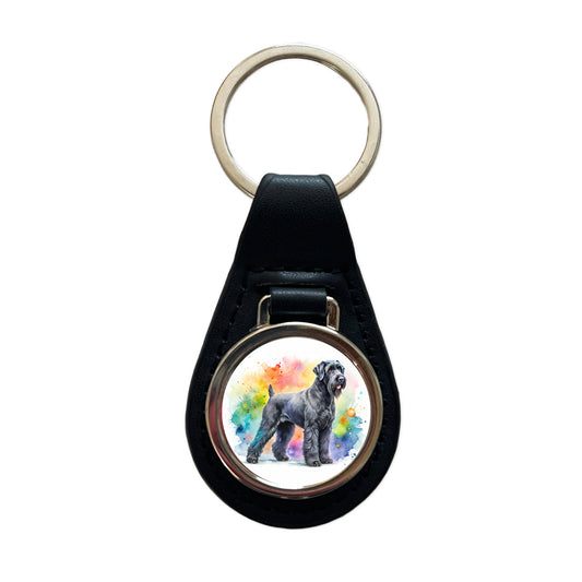Black Russian Terrier Dog Watercolor Style Black Leather Metal Keychain