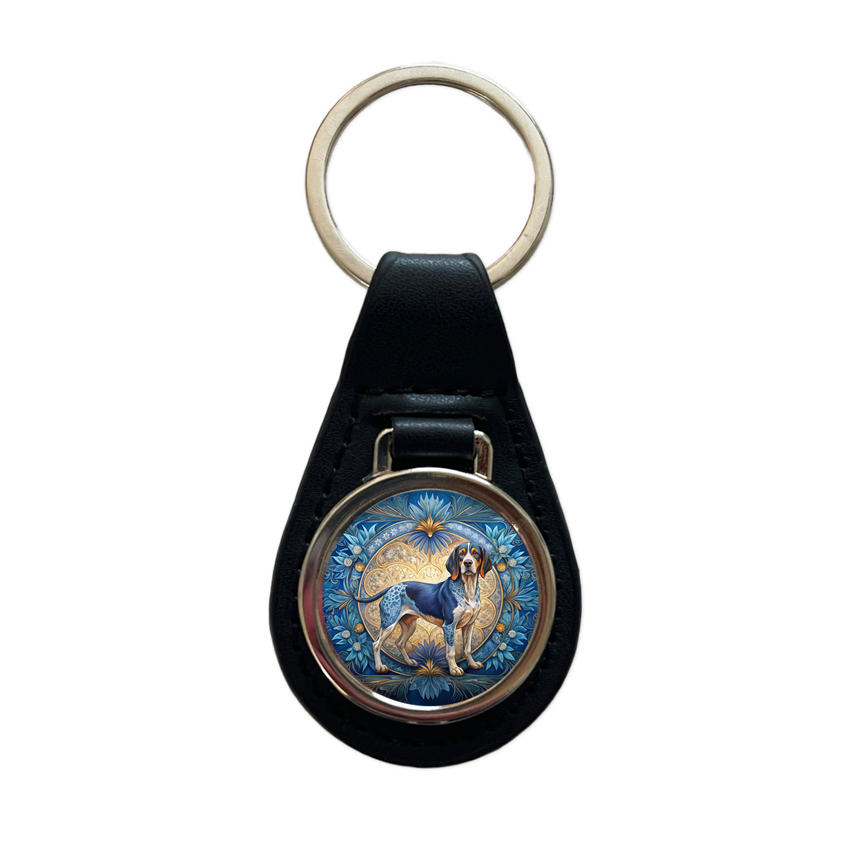 Bluetick Coonhound Dog Art Nouveau Black Leather Metal Keychain
