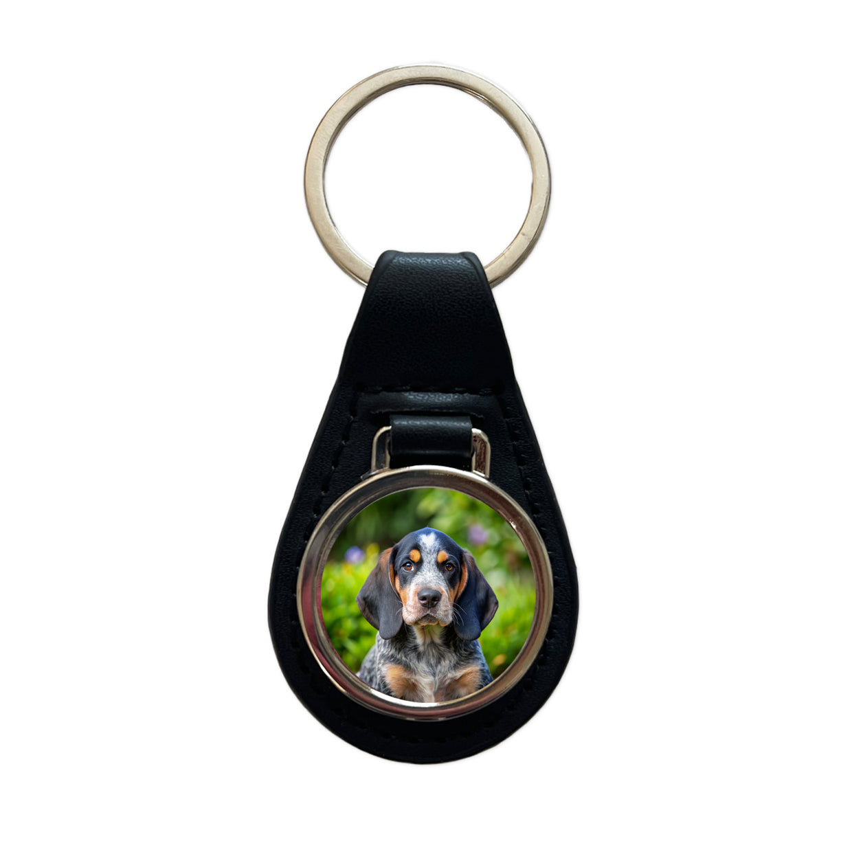 Bluetick Coonhound Dog Puppy Photo Black Leather Metal Keychain