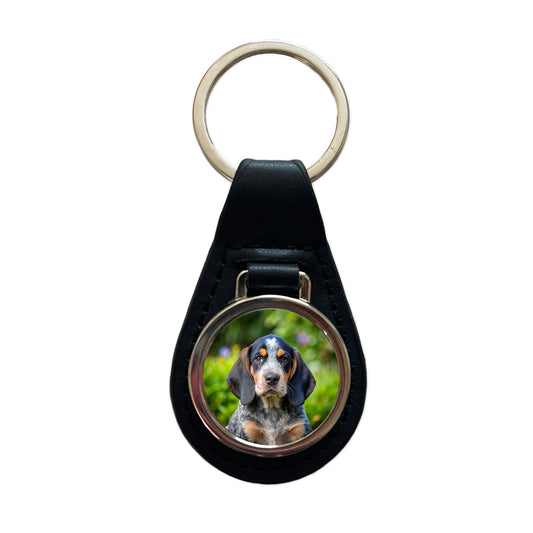 Bluetick Coonhound Dog Puppy Photo Black Leather Metal Keychain