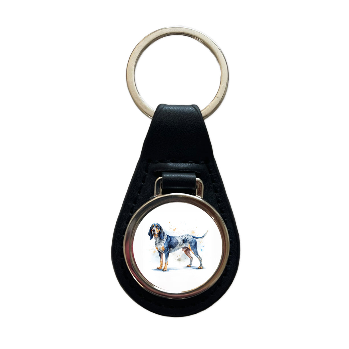 Bluetick Coonhound Dog Watercolor Style Black Leather Metal Keychain