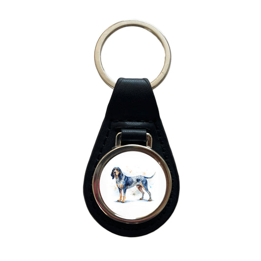 Bluetick Coonhound Dog Watercolor Style Black Leather Metal Keychain