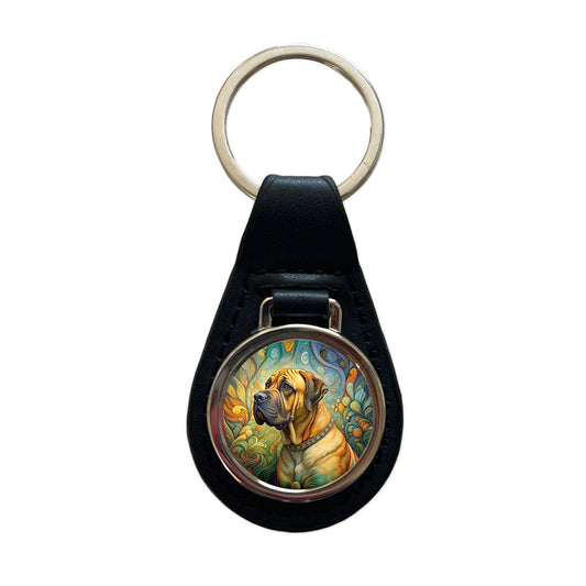 Boerboel Dog Art Nouveau Black Leather Metal Keychain