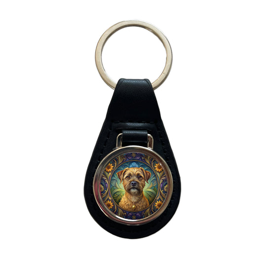 Border Terrier Dog Art Nouveau Black Leather Metal Keychain