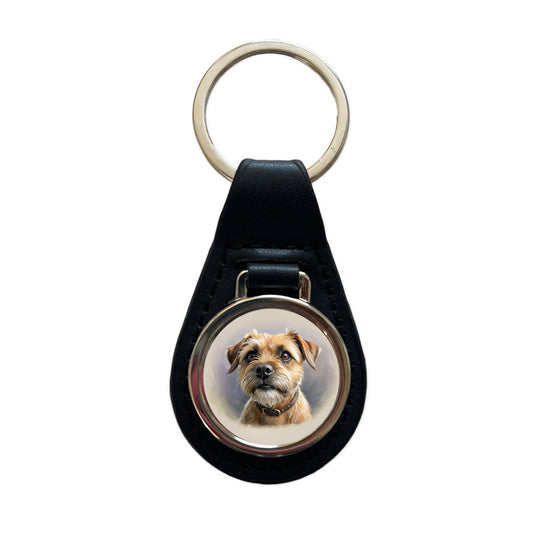 Border Terrier Dog Illustration Black Leather Metal Keychain