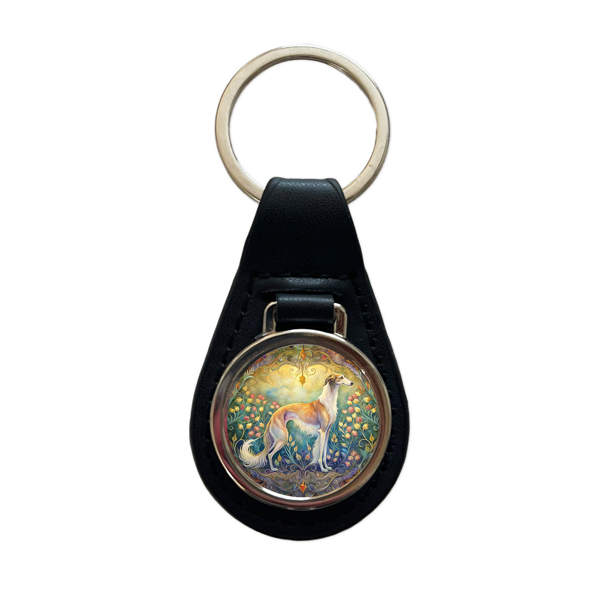 Borzoi Dog Art Nouveau Black Leather Metal Keychain