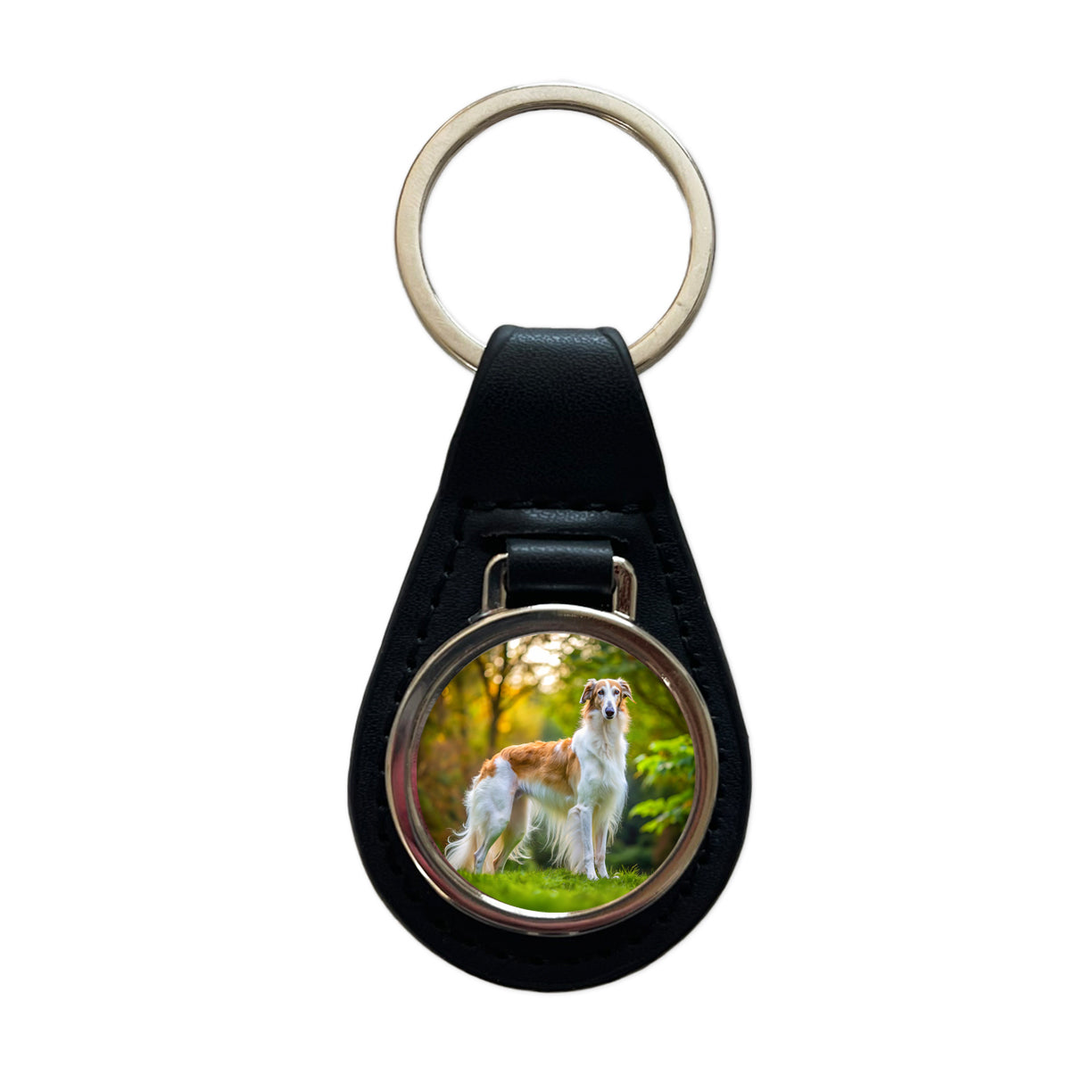 Borzoi Dog Photo Black Leather Metal Keychain