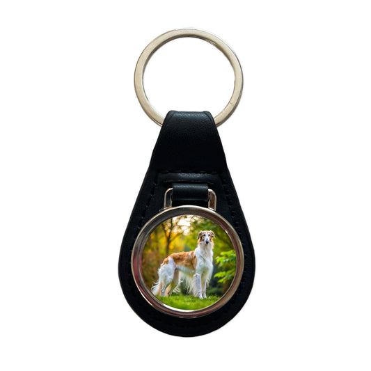 Borzoi Dog Photo Black Leather Metal Keychain