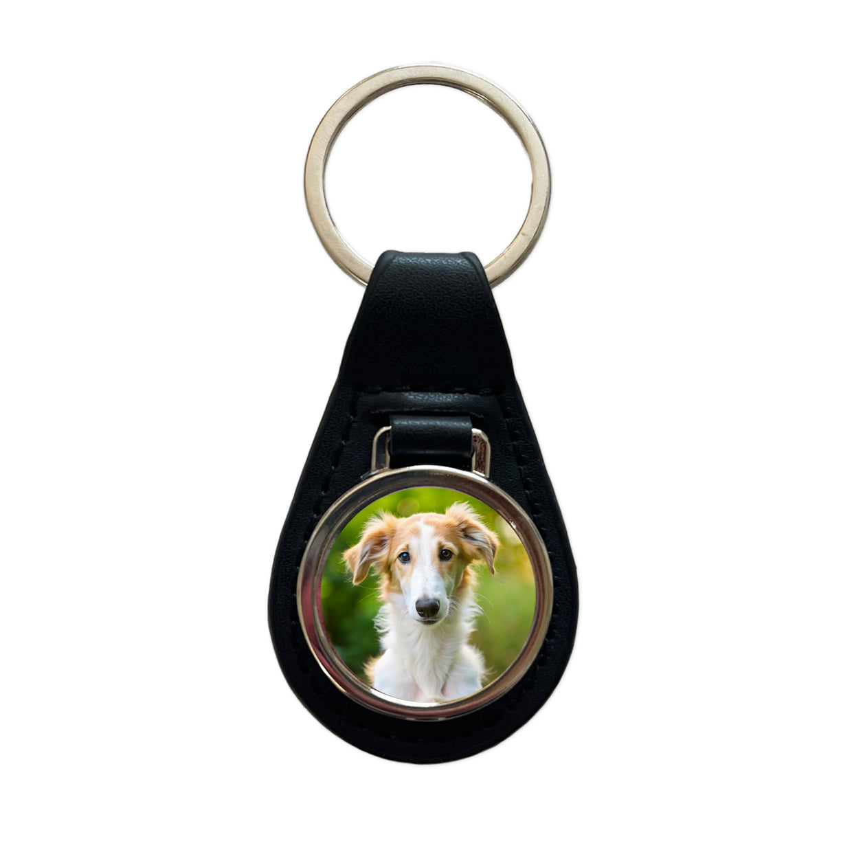 Borzoi Dog Puppy Photo Black Leather Metal Keychain