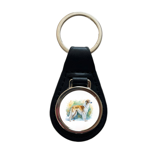 Borzoi Dog Watercolor Style Black Leather Metal Keychain