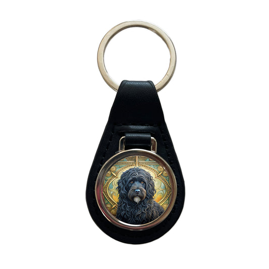 Bouviers Des Flandres Dog Art Nouveau Black Leather Metal Keychain