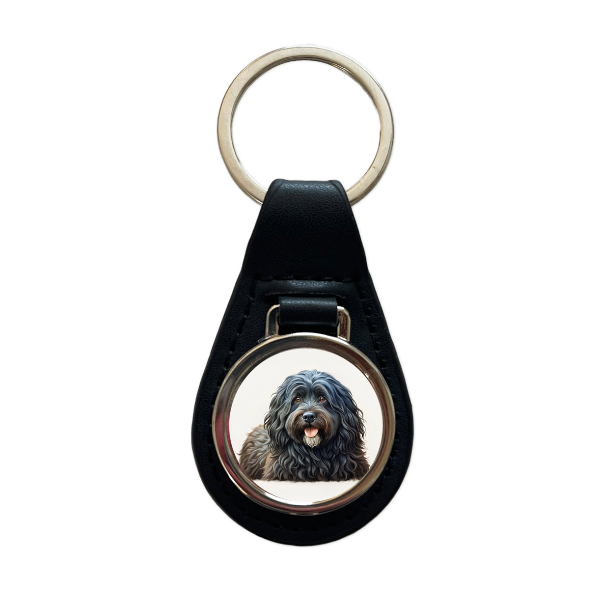Bouviers Des Flandres Dog Illustration Black Leather Metal Keychain