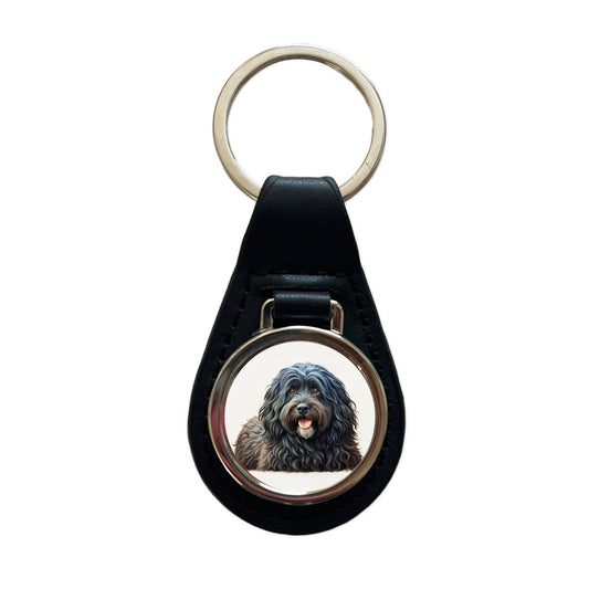 Bouviers Des Flandres Dog Illustration Black Leather Metal Keychain