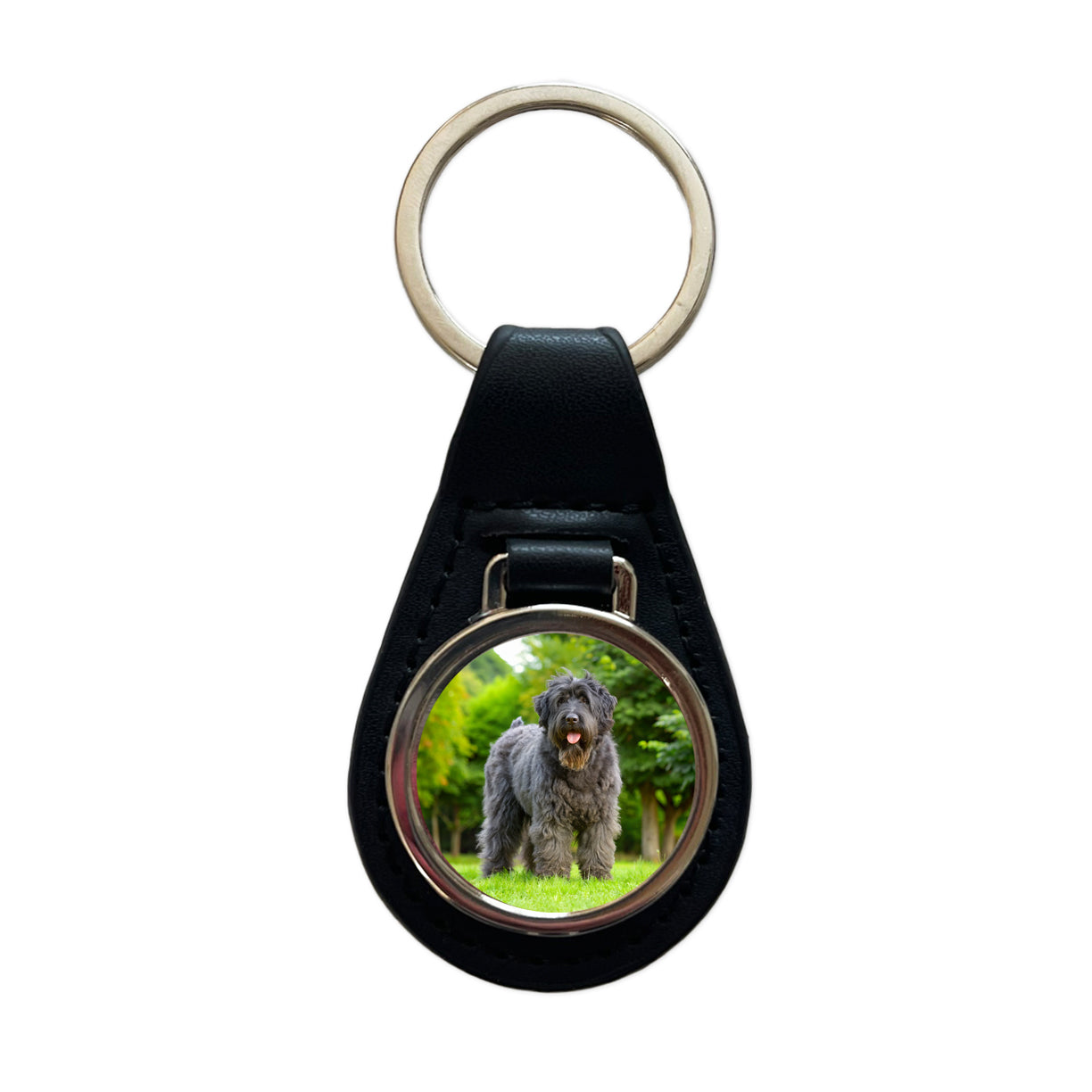 Bouviers Des Flandres Dog Photo Black Leather Metal Keychain