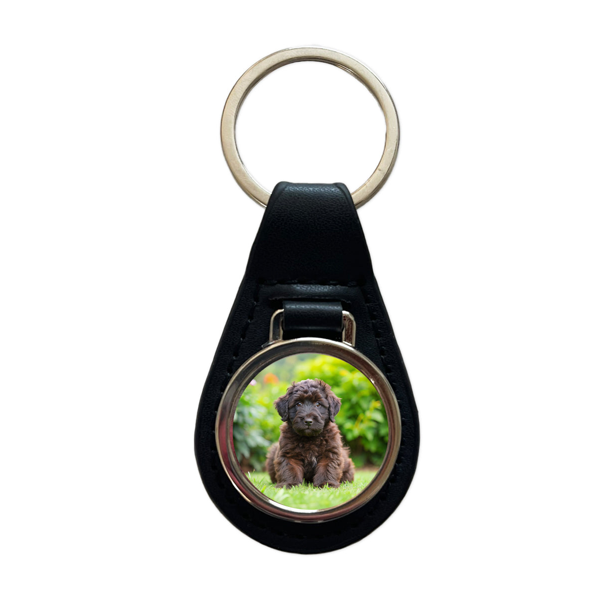 Bouviers Des Flandres Dog Puppy Photo Black Leather Metal Keychain