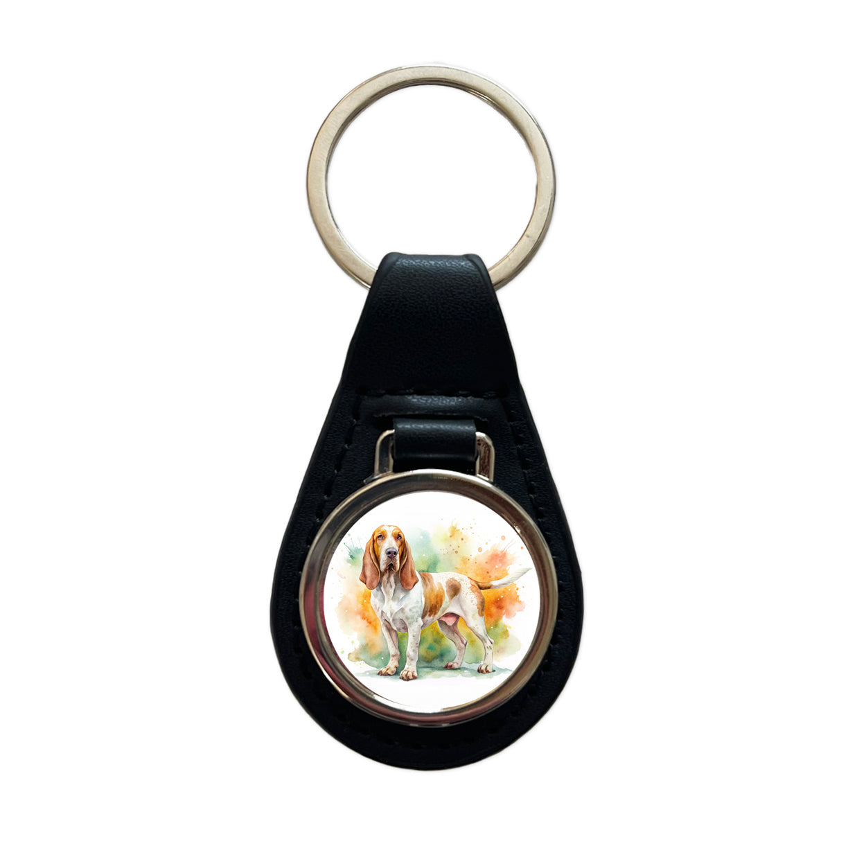 Bracco Italiano Dog Watercolor Style Black Leather Metal Keychain