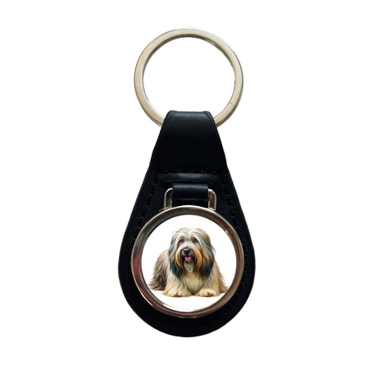 Briard Dog Illustration Black Leather Metal Keychain