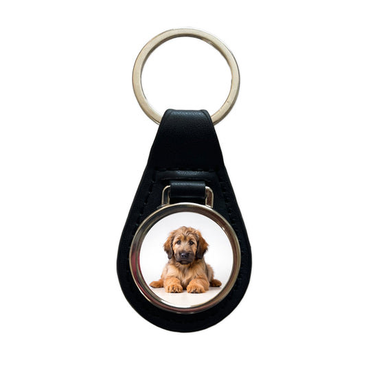 Briard Dog Puppy Photo Black Leather Metal Keychain