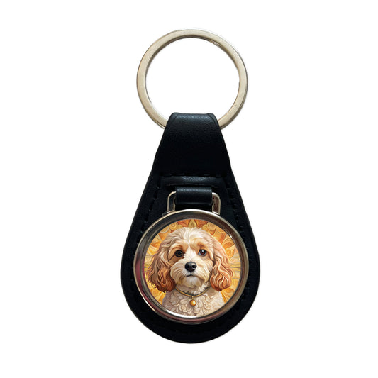 Cavachon Dog Art Nouveau Black Leather Metal Keychain