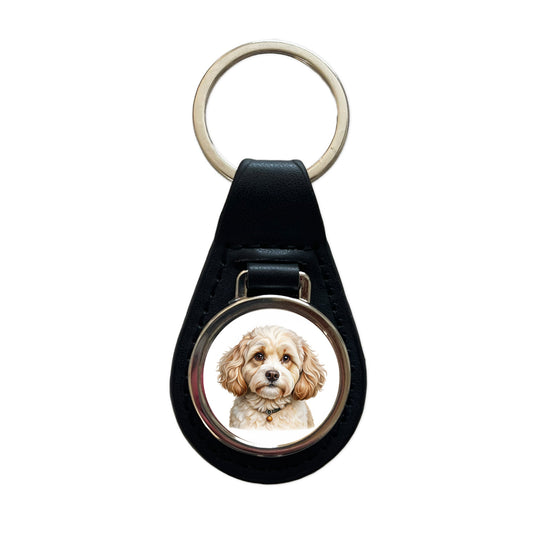 Cavachon Dog Illustration Black Leather Metal Keychain