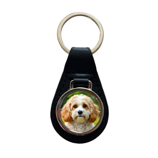 Cavachon Dog Photo Black Leather Metal Keychain