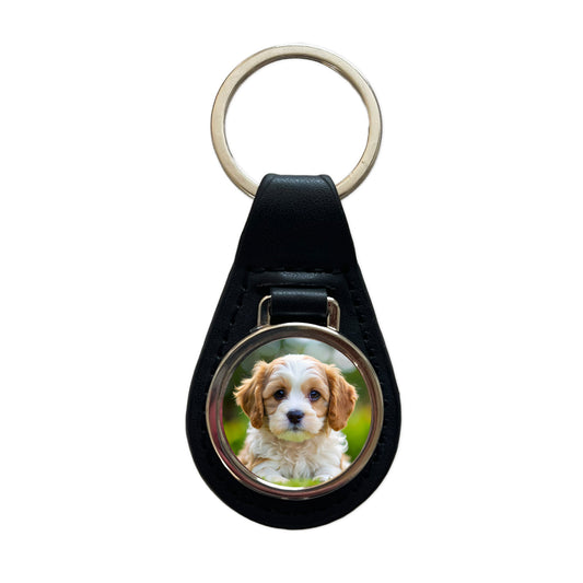 Cavachon Dog Puppy Photo Black Leather Metal Keychain