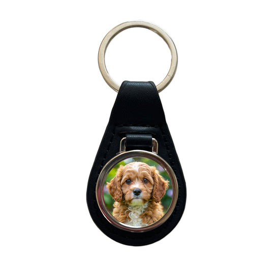 Cavapoo Dog Puppy Photo Black Leather Metal Keychain