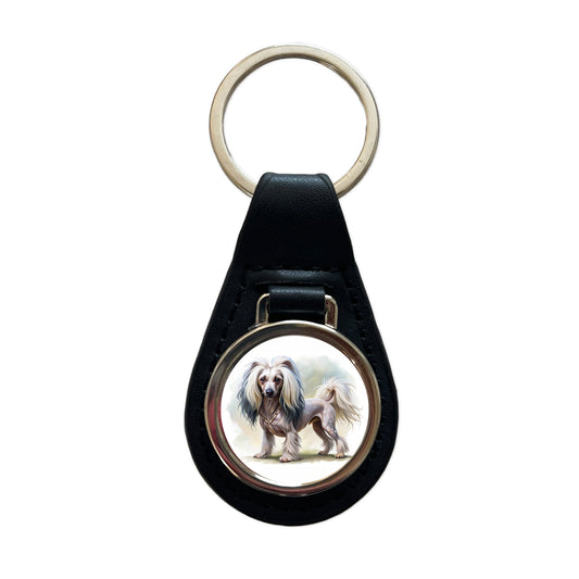 Chinese Crested Dog Illustration Black Leather Metal Keychain
