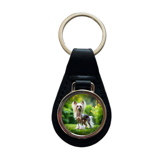 Chinese Crested Dog Photo Black Leather Metal Keychain