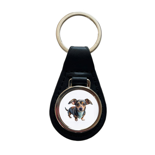 Chiweenie Dog Illustration Black Leather Metal Keychain