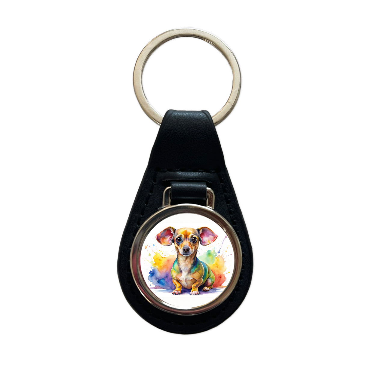 Chiweenie Dog Watercolor Style Black Leather Metal Keychain
